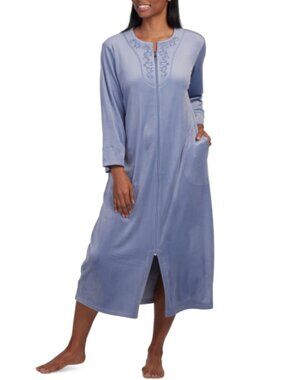Miss Elaine Women's Embroidered Zip-Front Robe Blue Size M 21106
